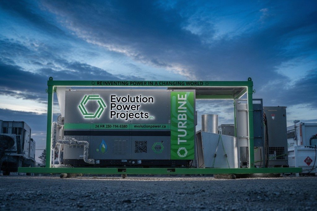 Evolution Power Projects natural gas turbine microgrid unit in the field at dusk